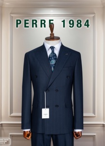 PERRE 1984 Costume d'affaires croisé pour homme, col mandarin, viscose/polyester, style britannique, coupe classique, anti-rétrécissement - Product Image 3