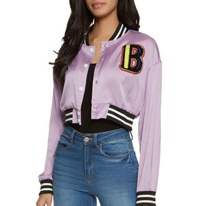 OEM Custom High Quality Ladies Cropped Full Satin <b>Varsity</b> Bomber <b>Jackets</b> New Stylish <b>Vintage</b> Embroidered Letterman <b>Jackets</b> for - Product Image 1