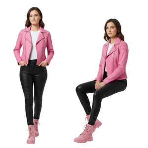Chaqueta de Motociclista de Cuero Rosa para Mujer, Forro de Satén Personalizado, Precio de Fábrica al por Mayor, Estilo Motero Genuino, Ropa de Moda Femenina - Product Image 1
