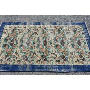 Classique bleu Beige 3.6 X 6.6ft tapis turc fait à la main rectangulaire Patchwork Design laine Polyester Latex pour chambre salon - Product Image 4