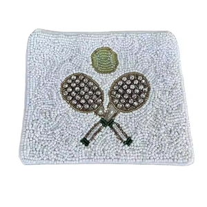 Stylish <b>Green</b> and White Seed Beaded Coin <b>Purse</b> with Hand Embroidery - Product Image 2