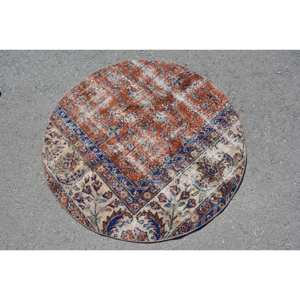 Alfombra turca Vintage de 3,7x3,7 pies, marrón, Beige, diseño clásico de retazos de área grande para pasillo, lana, piel de conejo sintética, respaldo de látex - Product Image 2