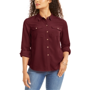 Camicia da donna Charter Club in popeline rosso tinta unita con bottoni, casual, con colletto a risvolto, vestibilità ampia, graziosa, per l'ufficio, autunnale, alla moda, taglie dalla Petite alla XL - Product Image 3