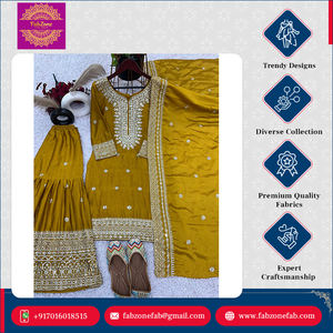 Trabajo de secuencia de bordado pesado elegante de alta calidad Nuevo Chinnon Silk Listo para usar Conjunto de Sharara Kurti completamente cosido con Dupatta - Product Image 4