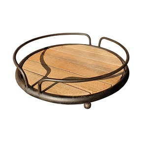 Plateau en bois en métal de grande taille, pour la maison, logo personnalisé fait à la main, plateau de service en bois, poignée de design métallique en vente - Product Image 1