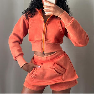 Femme fermeture éclair blanc en détresse lavage à l'acide survêtements jupes survêtement femme survêtements sweat à capuche court et ensemble court ensemble 2 pièces - Product Image 2