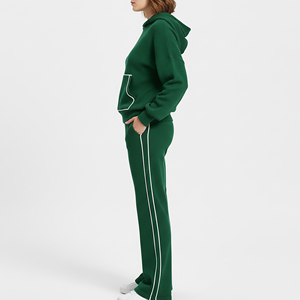 Vente chaude 100% coton polaire 300 GSM couleur unie survêtement pour les femmes broderie personnalisée Logo passepoil 2 pièces survêtement ensemble - Product Image 6