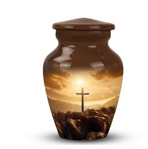 Urna de símbolo cristiano, urna conmemorativa pastoral brillante para el hogar para cenizas humanas, montaña, puesta de sol, atardecer pacífico, urna de Cruz bíblica divina - Product Image 1