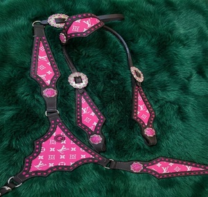 Horse <b>leather</b> breast collar western tack chest <b>harness</b> turquoise concho bead stud adjustable strap riding halter set - Product Image 4