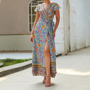 Vestido largo de talla grande para mujer, estampado Popular, bohemio, cuello en V, manga corta, abertura lateral, personalizado - Product Image 3
