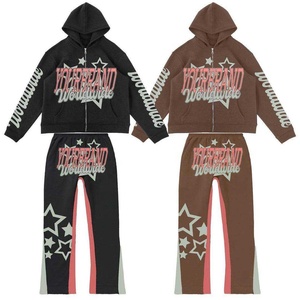 Conjunto de pantalones de chándal con capucha de alta calidad OEM, chándal vintage con cremallera y pantalón acampanado lavado ácido para hombre, sudor personalizado para invierno - Product Image 4