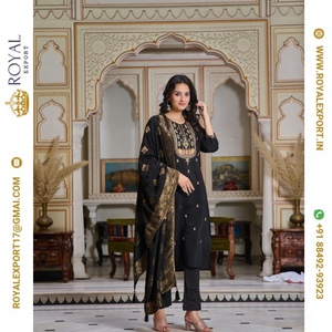 Pantalon Kurti de couleur noire avec broderie attrayante en soie lourde Chanderi de créateur avec une collection unique de Dupatta - Product Image 1