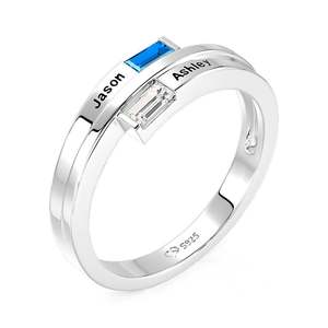 Bague signet personnalisée avec nom gravé et deux pierres de naissance - Acier inoxydable plaqué or - Product Image 3