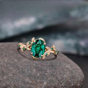 925 <b>Silver</b> Vintage Engagement <b>Ring</b> <b>Emerald</b> Oval Gemstone Prong Setting Fine Gold Plated Diamond Accents-Gift for Her Party Wear - Product Image 2
