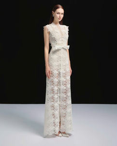 Aristocratic Class <b>White</b> Long Lace <b>Evening</b> <b>Gown</b> High Neck Elegant Waist Bow Detail Royal Standard Made in Vietnam - Product Image 3