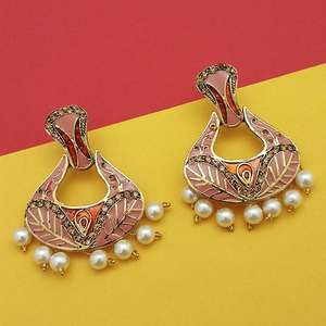 Boucles d'oreilles Kriaa Fine Cuff Pierre Autrichienne Orange Meenakari Dangler Modèle 1314242B - Product Image 1