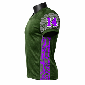 Jersey de Fútbol Americano Personalizado Unisex con Cuello en V, Malla Transpirable, Sublimación, Uniforme de Equipo, Pantalones Cortos Estampados con Camuflaje Morado, Número OEM - Product Image 4