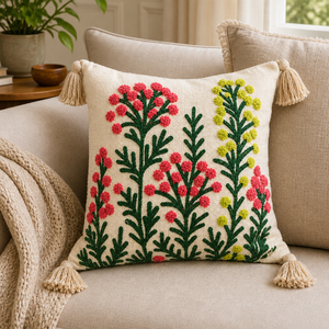 Coussin décoratif en coton brodé à la main avec insert, motif prairie botanique rose, avec pompons, pour salon - Product Image 5
