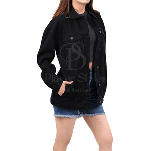 Chaqueta de mezclilla de algodón acolchada ajustada para mujer, transpirable, lavada sólida con piel de oveja, estilo de invierno con botones negros personalizables - Product Image 3