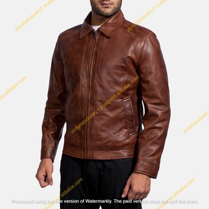 Veste en cuir véritable pour homme, marron, imprimée, en peau de mouton, avec patchs personnalisés, col montant en daim vintage - Product Image 3