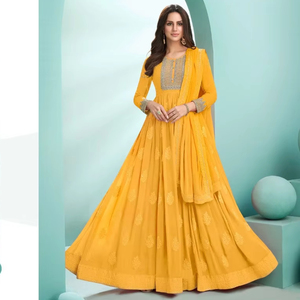 Robe longue Anarkali de style indien pakistanais traditionnel avec broderie Designer Dupatta manches longues pour femmes Pishwas - Product Image 1