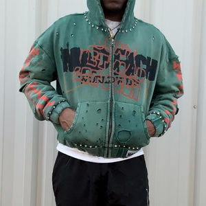 Sweats à capuche pour hommes Cropped Custom Acid Washed Vintage Cotton French Terry Solid Distressed Zip DTG Print Rhinestones Hoodies Men - Product Image 3