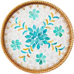 <b>Coffee</b> <b>Table</b> Decor <b>Wicker</b> Tray OEM ODM Boho Decorative Woven Rattan Serving Tray with Mother of Pearl Inlay Serving Trays - Product Image 5