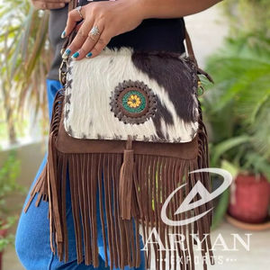 Sac à bandoulière en cuir de daim à franges en fourrure de style occidental, sac à main en cuir bohème de haute qualité pour femmes avec pierre turquoise - Product Image 1
