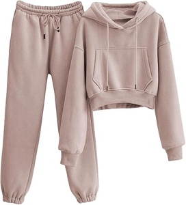 Custom Logo Printed Cotton French Terry Women's Crop Top Hoodies Jogger Pants Set Winter <b>Thick</b> Fleece Skinny Fit Tracksuit - Product Image 6