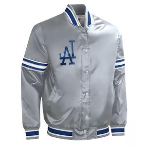 Premium <b>Silver</b> Satin Varsity <b>Jacket</b> Men's Custom Logo Blue Striped Baseball Bomber <b>Jacket</b> Retro Hip Hop Letterman Coat Unisex - Product Image 2