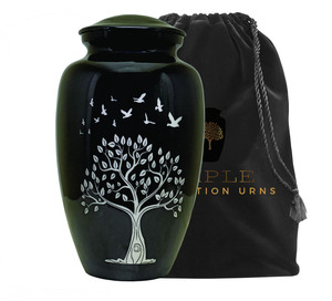 Urna Funeraria Negra Brillante Estilo Americano/Europeo con Diseño de Pájaros en el Árbol, Ecológica, 10 Pulgadas, 220 Pulgadas Cúbicas - Product Image 1