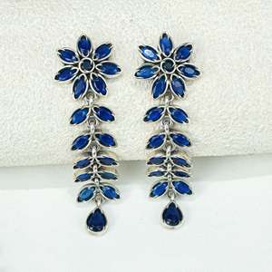 Ayushi Delicate Blue Flower Silver Necklace <b>Set</b> with Earrings for Party Occasions - Product Image 4