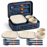Ensemble de vaisselle portable en PP pour deux personnes, ensemble de pique-nique modulaire avec deux plateaux, bols, couverts pliants pour les repas en voyage