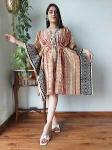 Handblock Bagru Impreso Algodón Kaftan Algodón Playa Wearup Ropa de playa Sarong Tipo Kaftan Bloque Imprimir Ropa informal Rodilla - Product Image 3