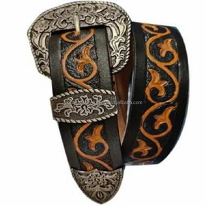 Arnés Natural de alta calidad, cuero tallado a mano, hoja en relieve, cinturón de herramientas de cuero occidental con hebilla de diseñador de 3 piezas - Product Image 1