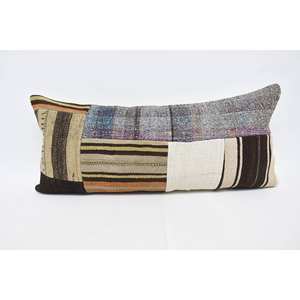 Coussin en laine patchwork Kilim multicolore 16x36 pouces Coussin décoratif d'accent avec motif de feuilles moelleuses vintage Technique tissée - Product Image 1