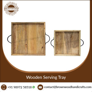 Lot de 2 plateaux de service en bois de manguier avec poignées en métal Plateaux en bois sculpté Home Restaurants Plateaux décoratifs en bois Service de nourriture - Product Image 5