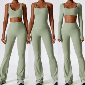 เสื้อครอปแขนยาว + กางเกงปลายบานสำหรับผู้หญิง4ชิ้นกางเกงทรงสปอร์ตบราสำหรับใส่ออกกำลังกายเล่นโยคะออกกำลังกาย - Product Image 5