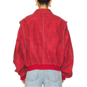 แจ็กเก็ตบอมเบอร์หนังนิ่มสีแดงสำหรับผู้หญิง, แจ็คเก็ตหนังกลับมีซิปปกโอเวอร์ไซส์ - Product Image 5
