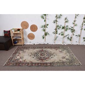 Tapis en laine turque vintage 4.4x7,8 pieds, tissage plat patchwork beige et bleu pour les décorations de salon avec support en latex - Product Image 1