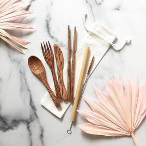 Ensemble de couverts de voyage durables dans une pochette ustensiles de noix de coco pour voyager en plein air ustensile coco - Product Image 4