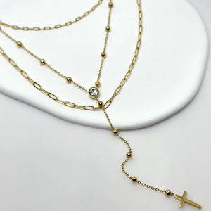 Collier ras du cou élégant et tendance pour femme Moonriver, pendentif triple perle en acier inoxydable plaqué or 18 carats, style minimaliste - Product Image 1