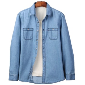 Chemises classiques en denim de coton pour hommes, respirantes, boutonnées, bleu délavé, coupe classique, décontractées - Product Image 1