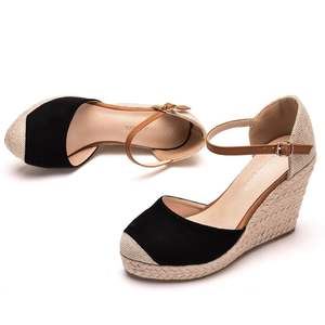 <span class=keywords><strong>Alpargatas</strong></span> de mujer con suela de yute y logotipo personalizado OEM, sandalias de cuña con correa en el tobillo y punta redonda - Product Image 5