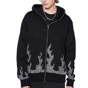 Nouvel arrivage : Sweat à capuche zippé intégral pour homme en molleton bouclette 100 % coton, grande taille, avec strass noirs unis - Product Image 1