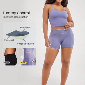 Pantalones cortos de yoga sólidos con estampado personalizado para mujer Logotipo OEM Tejido elástico transpirable de cuatro vías Cintura alta Perfecto para ropa de gimnasio - Product Image 5