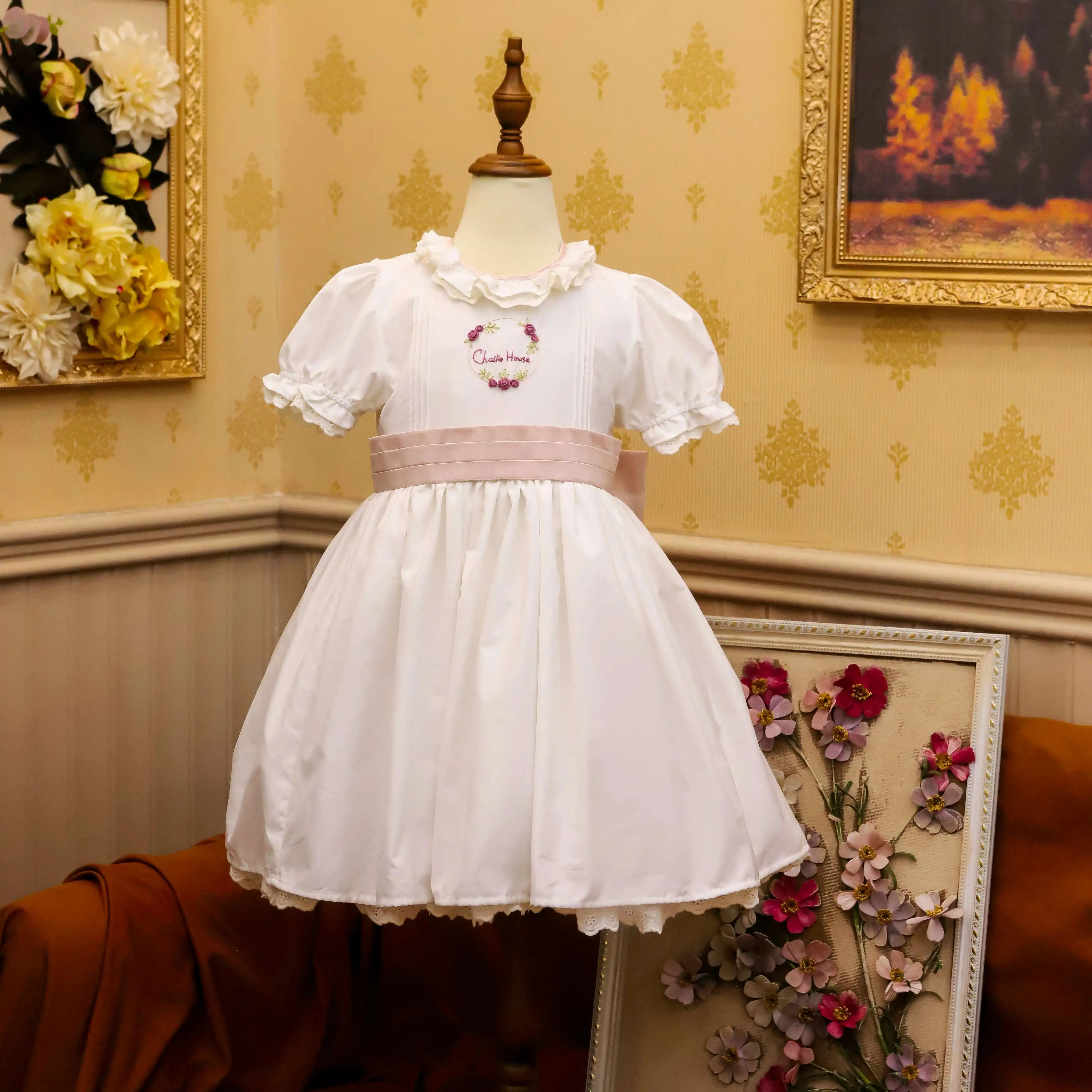 OEM ODM Hand Embroidery Flower Dress Summer Baby Girl Occasion Dress White And Pink Short Sleeves Princess Style -Trina Dress