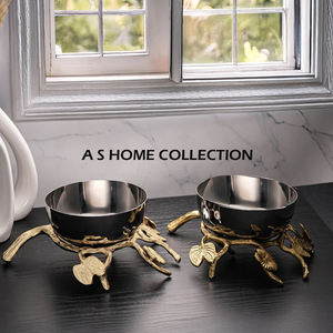 Durable Style <b>Table</b> Top Serving Bowl Nuts Fruits Serving Bowl Platter Golden Leafy Flower Design Joint Three Bowl - Product Image 4