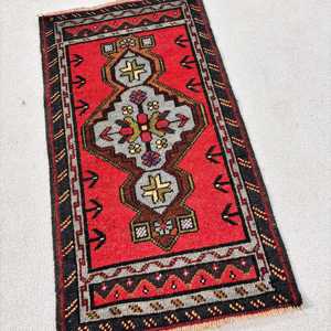 Vintage Rug, 1.8x3.2 ft Small Rug, <b>Red</b> Black <b>Wool</b> Rug - Product Image 2