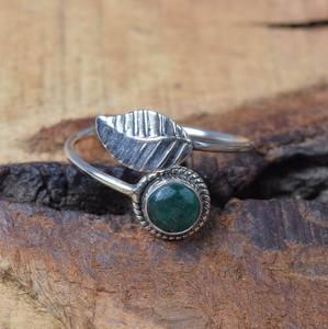 Emerald Sterling Silver Ring Leaf Style Adjustable Band Handmade Gemstone Jewelry Elegant Gift For <b>Women</b> - Product Image 5